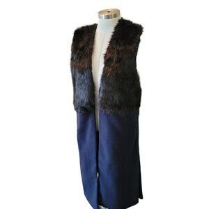 Blue Jacket Vest with Black Faux Fur 44" Sleeveless Festival Indie Rocker JJ3003
